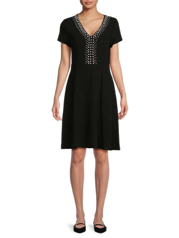 Karl Lagerfeld Paris Faux Pearl Fit & Flare Dress